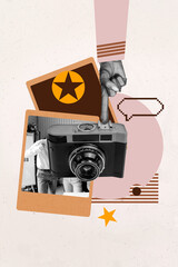Creative artwork sketch image collage of journalist capture moment photo content hand gesture...