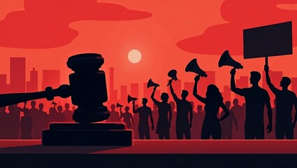 Justice and Civil Protest Concept with Gavel and Crowd abstract editable copy space banner