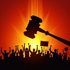 social justice concept vector illustration with gavel and Protester/ Silhouettes of Protesters and Judge's Gavel at Sunset