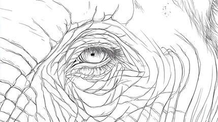 Fototapeta premium Detailed line drawing of an elephant's eye and surrounding skin.