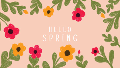 Cute hello spring greeting cards or posters text for floral spring holiday design. Hand drawn floral frames and background for Womens Day March 8, birthday and Mothers Day. Beautiful romantic flowers 