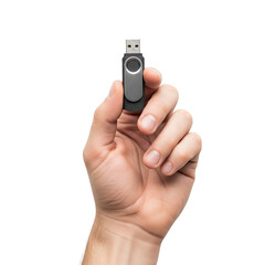 Hand holding a black and silver USB flash drive isolated on transparent background