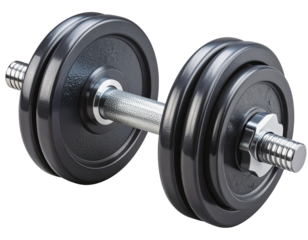 Realistic dumbbell with metallic handles and textured weight plates, fully isolated on a transparent PNG background