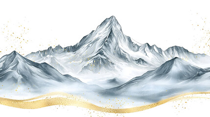 Majestic mountain range,  gray and blue hues,  misty valley,  gold accents,  stylized illustration