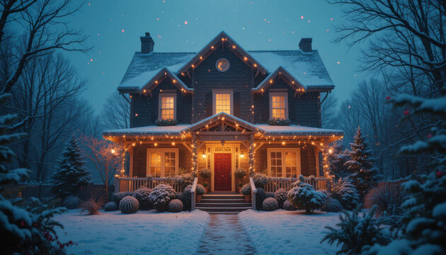 Cozy victorian house decorated with christmas lights in snowy winter evening