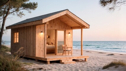 Beach Hut Cozy Retreat, Simple Life, Relaxation, Coastal Charm. Perfect for boutique hotels, rustic travel, unique accommodations