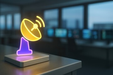 Neon satellite dish symbol for broadcasting, telecommunication, signal relay, and modern communication systems