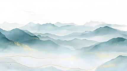 Misty mountain range, soft teal and light blue hues, with golden accents, creating a serene and tranquil landscape