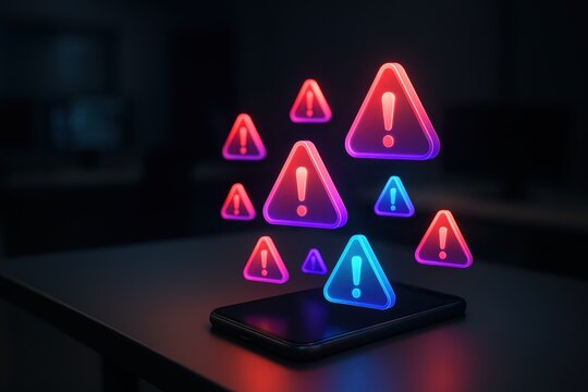 Neon warning alert icons rising from smartphone – mobile security threat, cyber risk and system error concept - Powered by Adobe