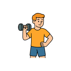 Cute athletic boy doing strength training with dumbbell, wearing casual gym outfit, isolated flat cartoon vector