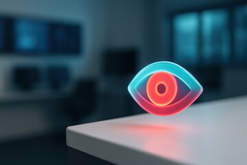 Neon eye icon in dark control room, symbolizing modern surveillance, observation, and visual monitoring