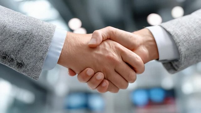 Handshake Agreement: A close-up shot captures a decisive handshake between two professionals, sealing a business agreement with trust and mutual understanding.