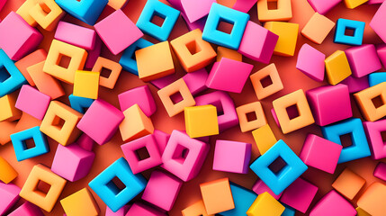 Fototapeta premium Colorful, geometric shapes. Squares, rectangles, and hollow shapes. Vibrant colors on a peach background