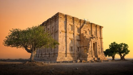 Ancient Temple in Golden Hour, Spiritual Journey, Tranquility, Architectural Beauty. Ideal for cultural tourism, historical sites, wellness