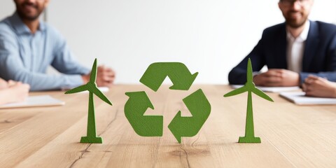 climate policy discussion. Business meeting focused on sustainability with wind turbine and recycling symbols.