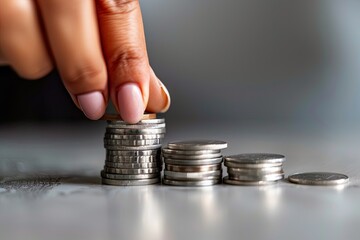 Hand stacking silver coins on dark surface in closeup