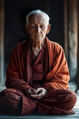 Elderly Buddhist monk meditating in traditional red robe