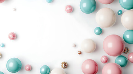 Colorful spheres in pink, teal, and cream scattered on a white background, creating a playful and modern design.