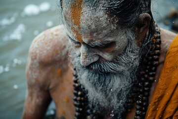 Holy man covered in ash praying by the river with eyes closed