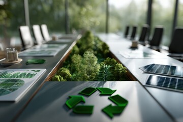 climate policy discussion. Eco-friendly conference room featuring greenery and recycling symbols.