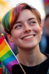Young person with rainbow hair smiling and holding pride flag
