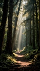 Ancient Forest Path, Nature's Embrace, Solitude, Rejuvenation. Ideal for wellness retreats, outdoor enthusiasts, mindfulness, vertical shot