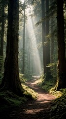 Ancient Forest Path, Nature's Embrace, Solitude, Rejuvenation. Ideal for wellness retreats, outdoor enthusiasts, mindfulness, vertical shot