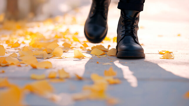 Person walking in black boots on sunlit pavement covered with yellow autumn leaves in soft warm light