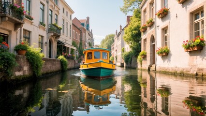 Charming Canal Boat Journey, Leisurely Travel, European Charm, Unique Perspective. Perfect for European tourism, slow travel, romantic escapes