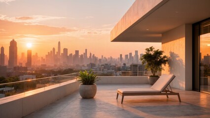 Architectural City Rooftop View, Urban Oasis, Modern Living, Perspective. Great for real estate, luxury apartments, urban design