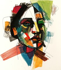 A drawing of a woman, an abstract sketch, a marker drawing, and a colorful piece