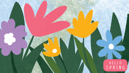 Set of cute spring cards for spring holiday with wildflowers, tulips, daisies flowers. Hand drawn Floral art posters for Easter decoration, greetings, birthday, Mothers Day and Womens Day March 8