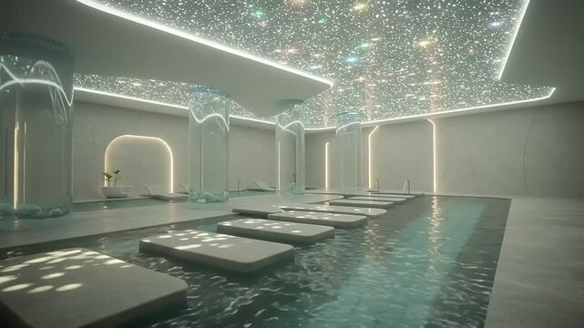 Modern spa interior with water features and elevated platforms. - Powered by Adobe