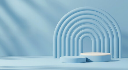 Obraz premium Light blue minimalist product display with two circular pedestals and a rainbow arch