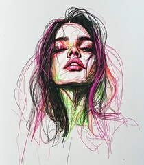 A drawing of a woman, an abstract sketch, a marker drawing, and a colorful piece