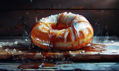 Appetizing caramel donut with dripping glaze on rustic wooden table