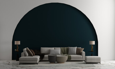 Modern design home and living room and white arch and blue wall texture background interior design...