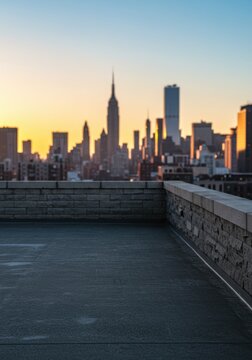 A rooftop with a stone parapet overlooks a blurred city skyline at sunset