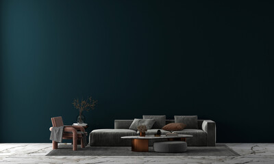Modern design living room and blue wall texture background interior design / 3D rendering
