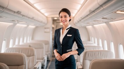 Air Hostess in Cabin, Service, Hospitality, Elegant Travel. Great for airlines, luxury services, customer experience
