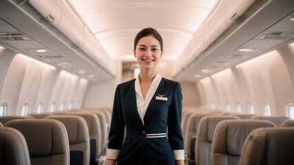 Air Hostess in Cabin, Service, Hospitality, Elegant Travel. Great for airlines, luxury services, customer experience