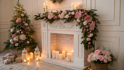 Cozy and Elegant Christmas Living Room Decor with Christmas Tree, Flowers, Candles, and Garland for a Festive Holiday Celebration