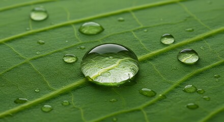 Water droplet on a vibrant green leaf with reflective properties and natural textures.