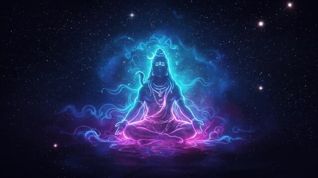 Lord Shiva Meditating Figure Glowing in a Nebula and Starry Night Sky