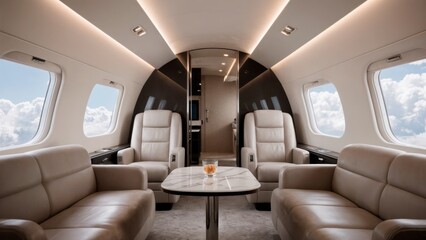 Private Jet Interior, Exclusive Travel, Luxury Lifestyle, Executive Comfort. Perfect for private aviation, high-end services, VIP transport
