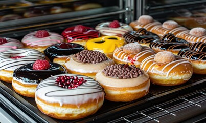 Assorted delicious glazed donuts with colorful toppings on a rack