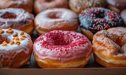 Assorted glazed donuts display colorful icing and sweet toppings collection