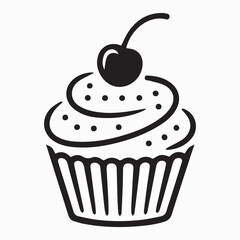 Cupcake Icon with Cherry – Black and White Dessert Line Art Illustration