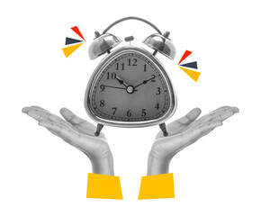 Beautiful woman hand holding classic alarm clock isolated on white background