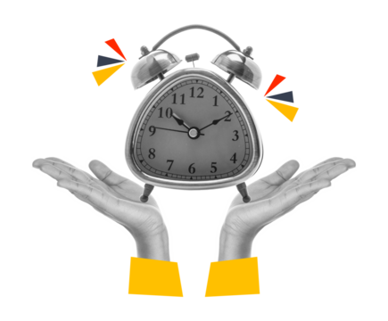 Beautiful woman hand holding classic alarm clock isolated on white background - Powered by Adobe